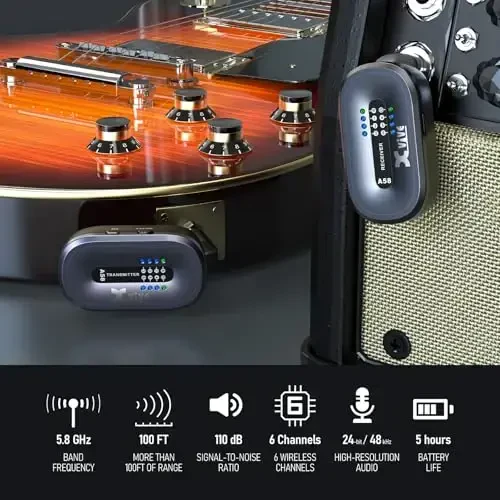 Xvive A58 Wireless Guitar System 5.8GHz Wireless Guitar Transmitter Receiver for Active or Passive Pickup Electric/Acoustic Bass Guitar - 1