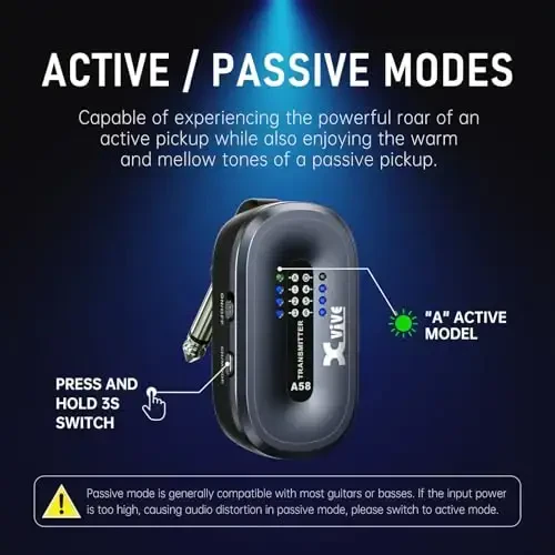 Xvive A58 Wireless Guitar System 5.8GHz Wireless Guitar Transmitter Receiver for Active or Passive Pickup Electric/Acoustic Bass Guitar - 6