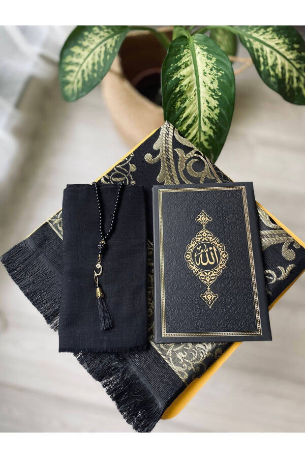 Y220 Thermo Leather Yasin Book, Prayer Rug and Scarf Luxury Mawlid Gift Set Black - 2