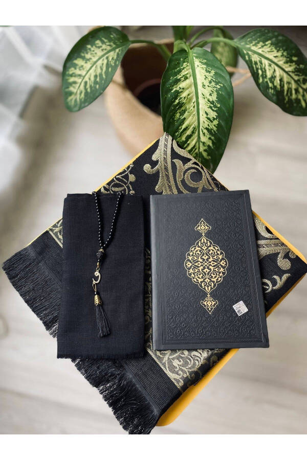 Y220 Thermo Leather Yasin Book, Prayer Rug and Scarf Luxury Mawlid Gift Set Black - 4