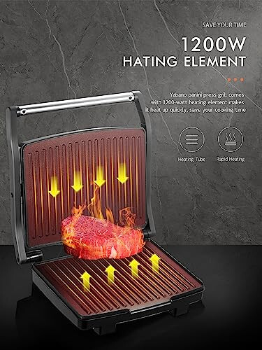 Yabano Panini Press Grill, Gourmet Sandwich Maker, Electric Indoor Grill with Non-Stick Cooking Plate and Removable Drip Tray, Easy to Clean, Stainless Steel - 2