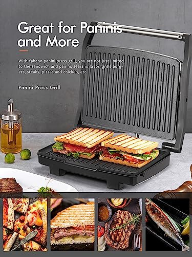 Yabano Panini Press Grill, Gourmet Sandwich Maker, Electric Indoor Grill with Non-Stick Cooking Plate and Removable Drip Tray, Easy to Clean, Stainless Steel - 4