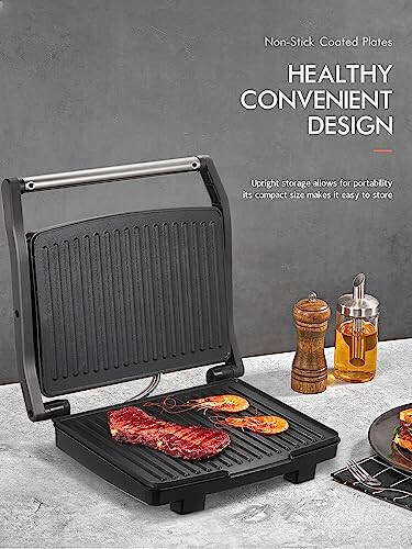 Yabano Panini Press Grill, Gourmet Sandwich Maker, Electric Indoor Grill with Non-Stick Cooking Plate and Removable Drip Tray, Easy to Clean, Stainless Steel - 6