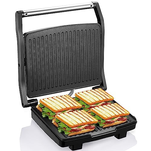 Yabano Panini press-panjara, gurme sendvich yasash moslamasi, yopishqoq qovurg‘ali va olib tashlanadigan tomchi tepsisi bo‘lgan elektr yopiq panjara, tozalashi oson, zanglamaydigan po‘lat - Yabano