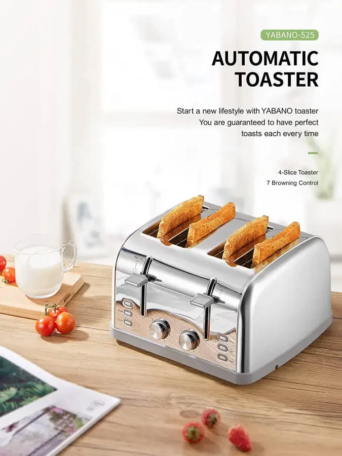 Yabano Toaster 4 Slice, Extra Wide Slots, Stainless Steel with High Lift Lever - 4