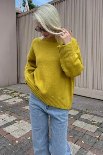 Yağ Yeşili Bisiklet Yaka Oversize Triko Kazak MG1972-Yağ Yeşili - 4