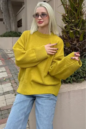 Yağ Yeşili Bisiklet Yaka Oversize Triko Kazak MG1972-Yağ Yeşili - 6