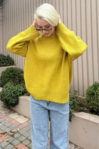 Yağ Yeşili Bisiklet Yaka Oversize Triko Kazak MG1972-Yağ Yeşili - 3