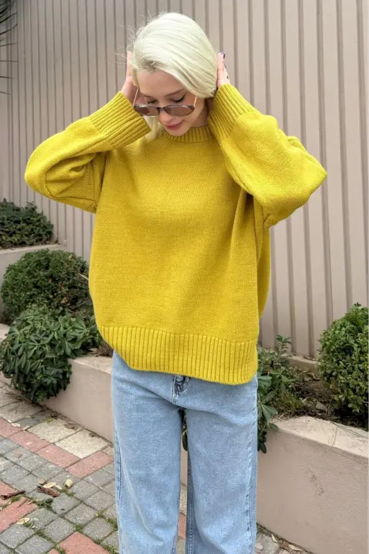 Yağ Yeşili Bisiklet Yaka Oversize Triko Kazak MG1972-Yağ Yeşili - 3