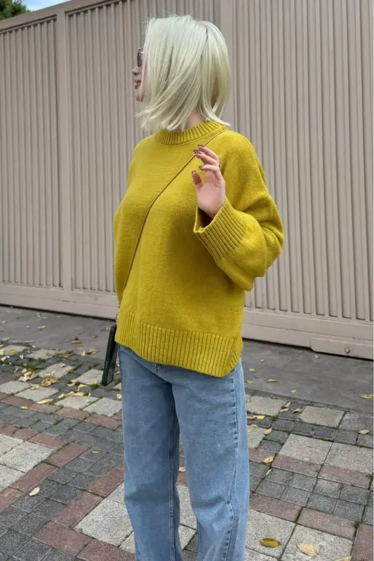 Yağ Yeşili Bisiklet Yaka Oversize Triko Kazak MG1972-Yağ Yeşili - 5