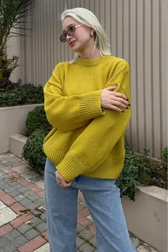 Yağ Yeşili Bisiklet Yaka Oversize Triko Kazak MG1972 - Yağ Yeşili 