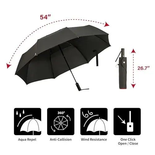 Portobello Large Umbrella For Rain - Big 54 Inch Double Vented Canopy, Folds Into Travel Size, Big Enough To Fit In 2 Adults, Heavy Duty, Sturdy, Windproof W/Auto Open Close - 3