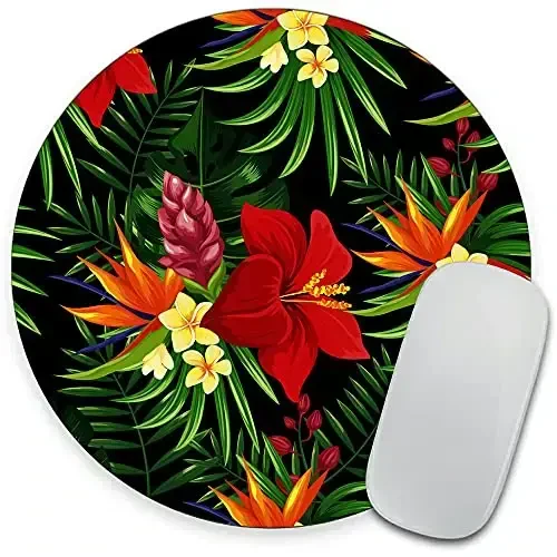 Rainforest Seamless Pattern Tropical Leaves, Tropical Jungle Plants and Exotic Flowers Round Mousepad, Personalized Custom Design Mouse Pads，Mousepad for Laptop Computers(plant1) - GOODSPROUT