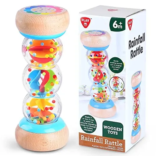 PLAY Rainmaker - 7 inch Wooden Rainbow Rain Stick Montessori Toys for Babies 6-12 Months, Baby Rattle Shaker Sensory Developmental Toy, Raindrops Musical Instrument - 1