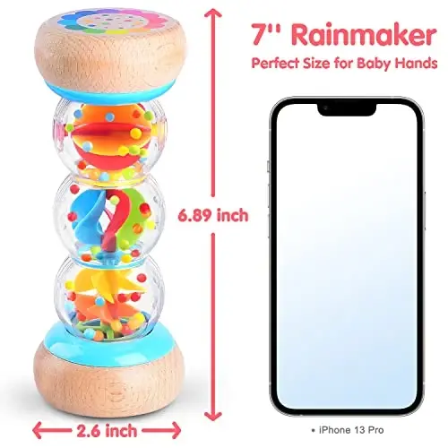 PLAY Rainmaker - 7 inch Wooden Rainbow Rain Stick Montessori Toys for Babies 6-12 Months, Baby Rattle Shaker Sensory Developmental Toy, Raindrops Musical Instrument - 2
