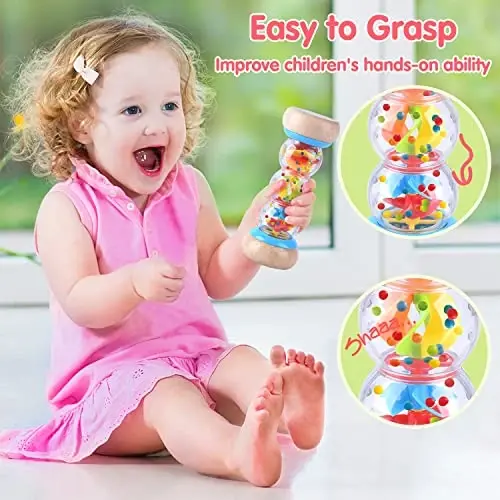 PLAY Rainmaker - 7 inch Wooden Rainbow Rain Stick Montessori Toys for Babies 6-12 Months, Baby Rattle Shaker Sensory Developmental Toy, Raindrops Musical Instrument - 4