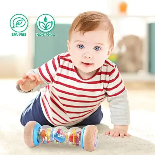 PLAY Rainmaker - 7 inch Wooden Rainbow Rain Stick Montessori Toys for Babies 6-12 Months, Baby Rattle Shaker Sensory Developmental Toy, Raindrops Musical Instrument - 5