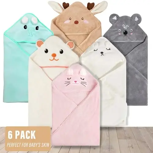 Yaiseiko 6 PCS Baby Bath Towels Set Animal Hooded Baby Hooded Bath Towels Soft and Ultra Absorbent Toddler Towels for Babies,Toddler,Infant,Kids,Newborn Essential(31.5 X 31.5 Inch) - 7