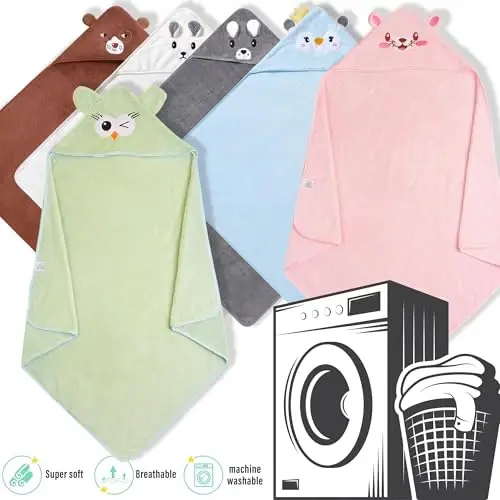 Yaiseiko 6 PCS Animal Hooded Baby Bath Towel Set Baby Hooded Bath Towels Soft and Ultra Absorbent Toddler Towels for Babies,Toddler,Infant,Kids,Newborn Essential(31.5 X 31.5 Inch) - 7