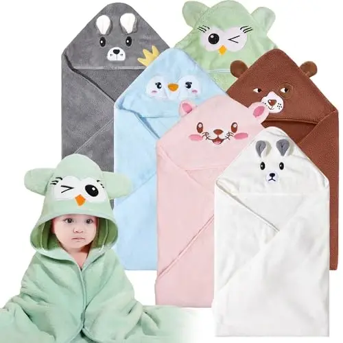 Yaiseiko 6 PCS Animal Hooded Baby Bath Towel Set Baby Hooded Bath Towels Soft and Ultra Absorbent Toddler Towels for Babies,Toddler,Infant,Kids,Newborn Essential(31.5 X 31.5 Inch) - 1