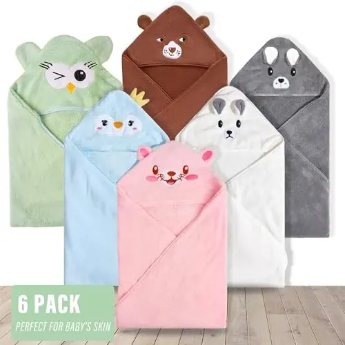 Yaiseiko 6 PCS Animal Hooded Baby Bath Towel Set Baby Hooded Bath Towels Soft and Ultra Absorbent Toddler Towels for Babies,Toddler,Infant,Kids,Newborn Essential(31.5 X 31.5 Inch) - 5