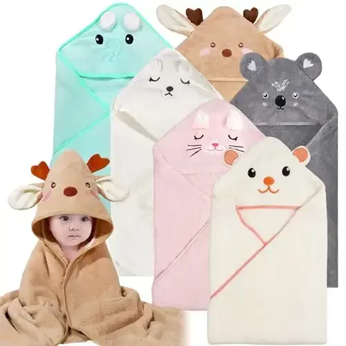 Yaiseiko 6 PCS Baby Bath Towels Set Animal Hooded Baby Hooded Bath Towels Soft and Ultra Absorbent Toddler Towels for Babies,Toddler,Infant,Kids,Newborn Essential(31.5 X 31.5 Inch) - 1