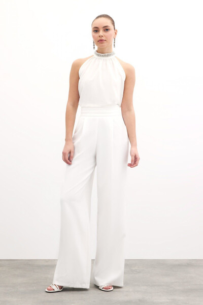 Yaka Aksesuarlı Kolsuz Bluz - Ekru-EKRU - 3