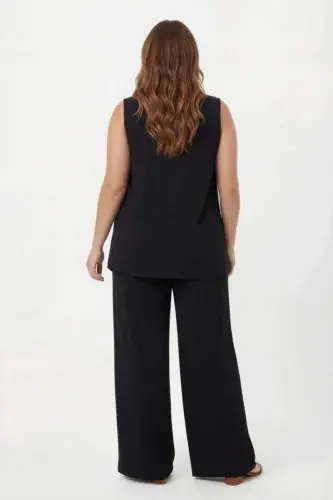 Yaka Boncuk Detaylı Kadın Büyük Beden Bluz Pantolon Takım Siyah - 5