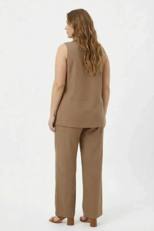 Yaka Boncuk Detaylı Kadın Büyük Beden Bluz Pantolon Takım Vizon - 4