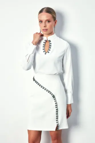 Yaka Damla Detaylı Bluz - Ekru - EKRU - 1