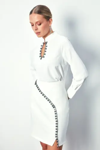Yaka Damla Detaylı Bluz - Ekru - EKRU - 5