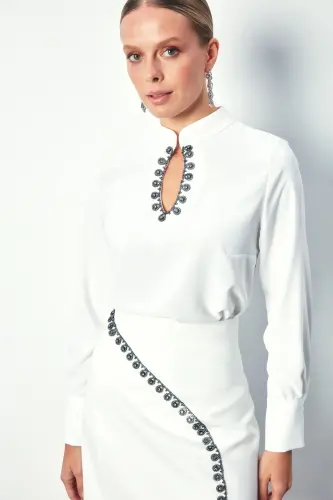 Yaka Damla Detaylı Bluz - Ekru - EKRU - Sateen (1)