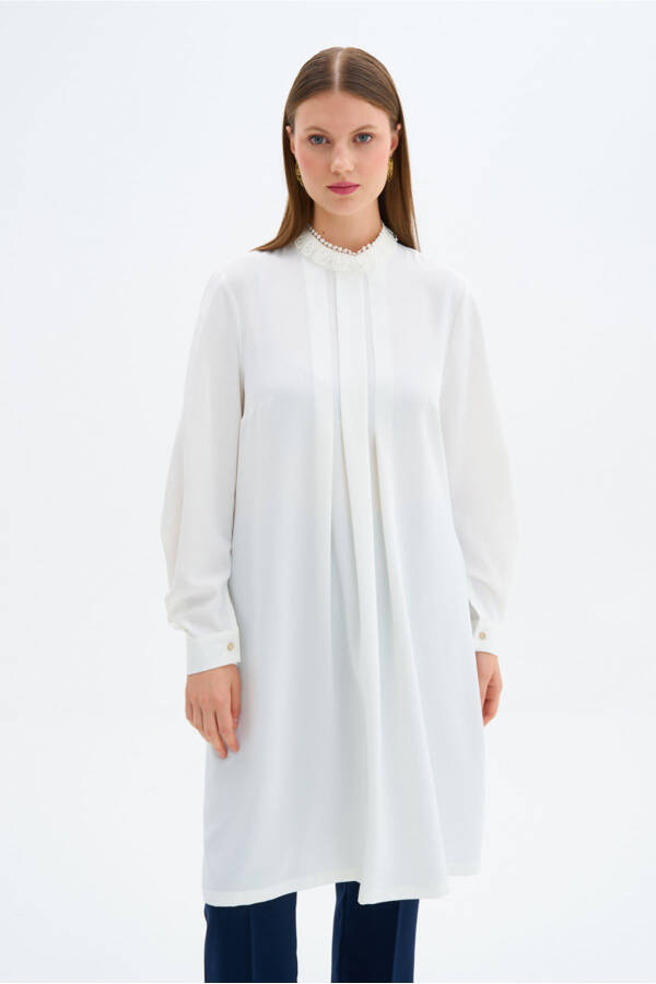 Yaka Dantel Detaylı Tunik - Ekru - 1