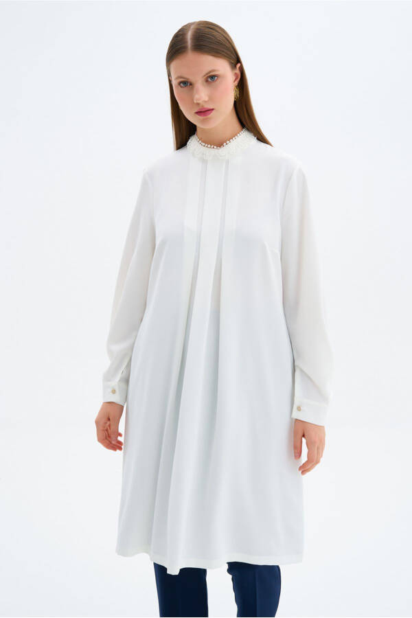 Yaka Dantel Detaylı Tunik - Ekru - 2