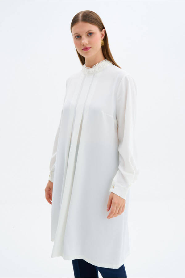 Yaka Dantel Detaylı Tunik - Ekru - 3