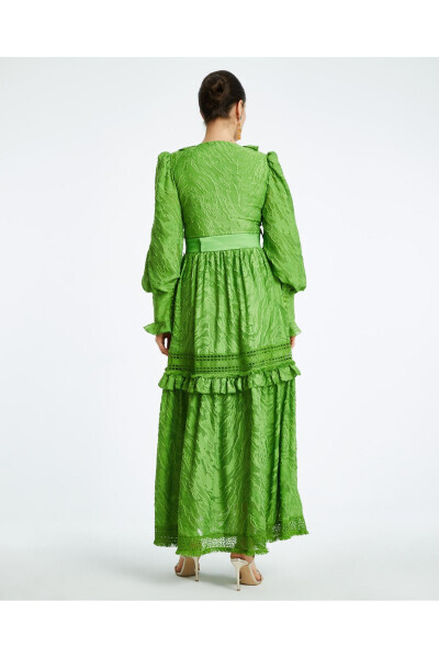 Yaka Frill detallari Kamarli Jakar Mato Yashil Ko'ylak 38411 - 4