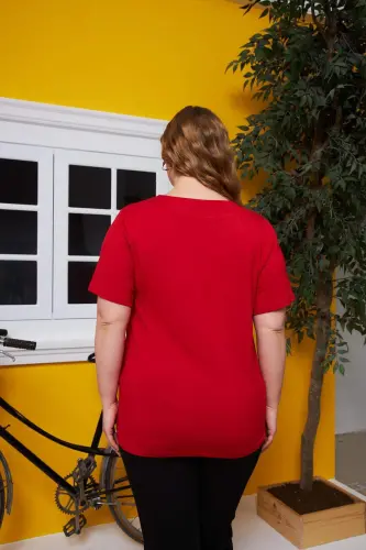 Yaka Halka Detaylı Büyük Beden Tişört Kırmızı - 4
