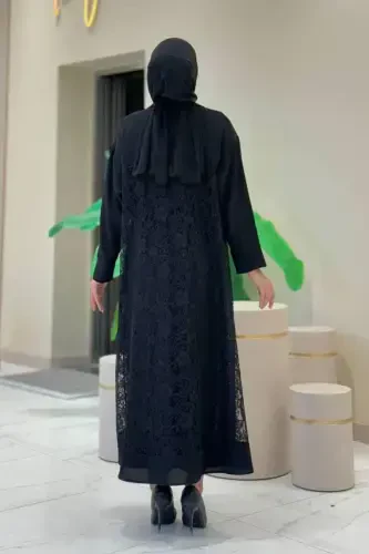 Yaka va Guipurli Detay Abaya 7830 Qora - BYM FASHION (1)