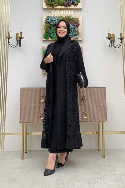 Yaka va Guipurli Detay Abaya 7830 Qora - 2