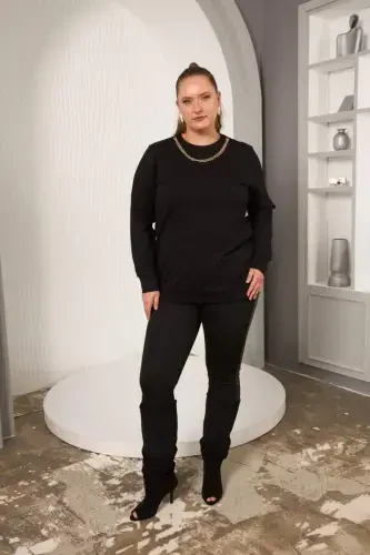 Yaka Zincir Detaylı Büyük Beden Sweatshirt Siyah - 5