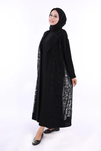 Yakalı Dantel Güpür Detay Abaya 7830 Siyah - Siyah - 1