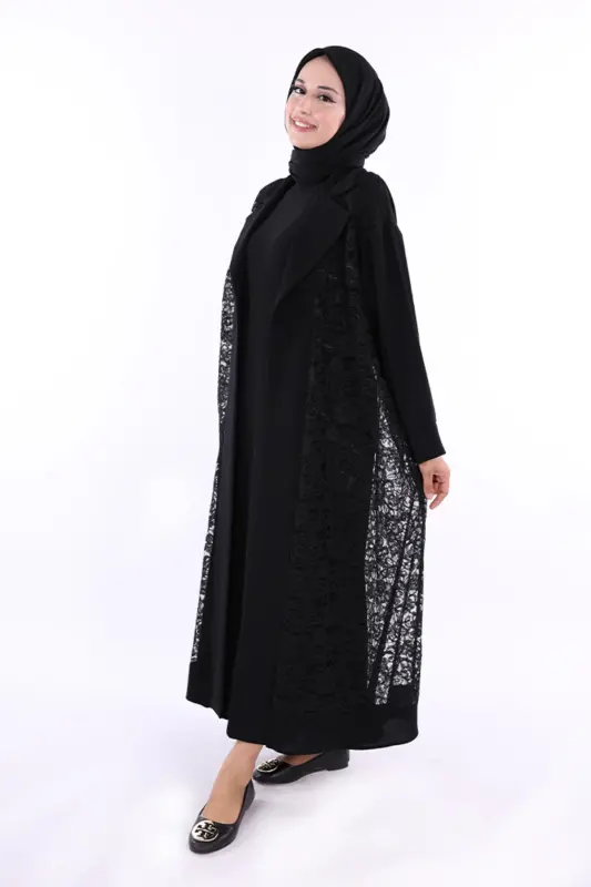 Yakalı Dantel Güpür Detay Abaya 7830 Siyah - Siyah - 1