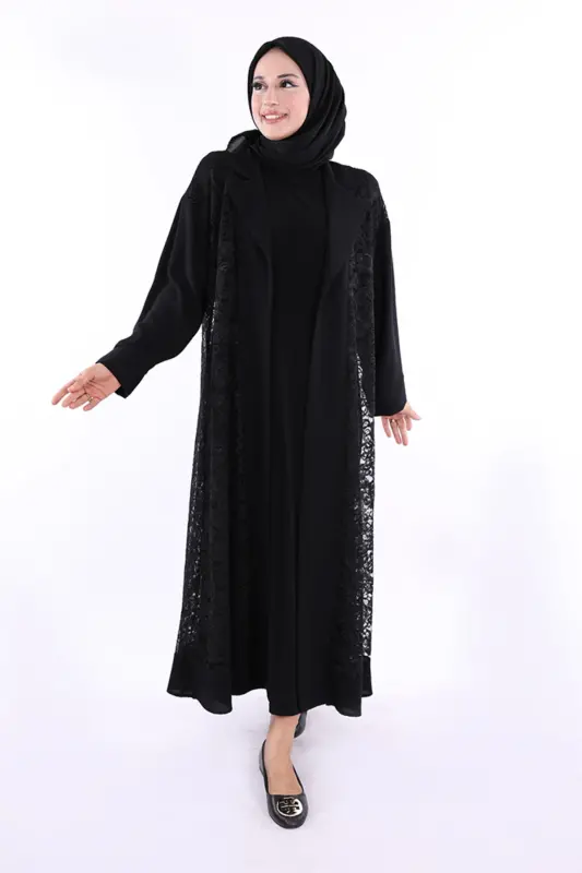 Yakalı Dantel Güpür Detay Abaya 7830 Siyah - Siyah - 2