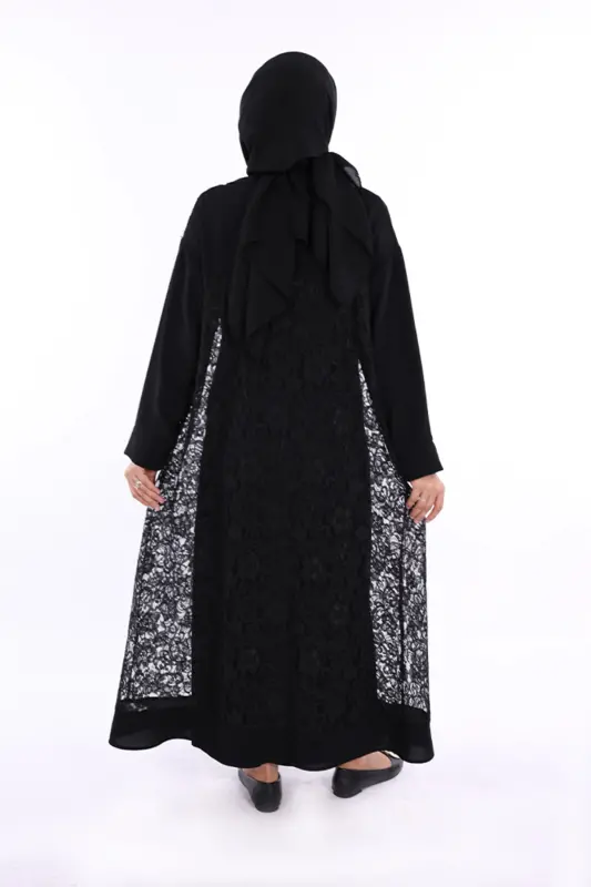 Yakalı Dantel Güpür Detay Abaya 7830 Siyah - Siyah - 3