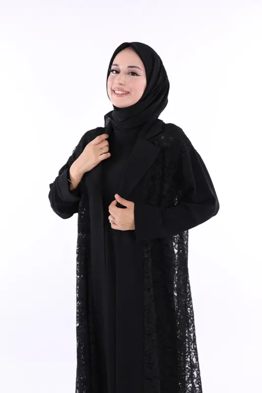 Yakalı Dantel Güpür Detay Abaya 7830 Siyah - Siyah - 4
