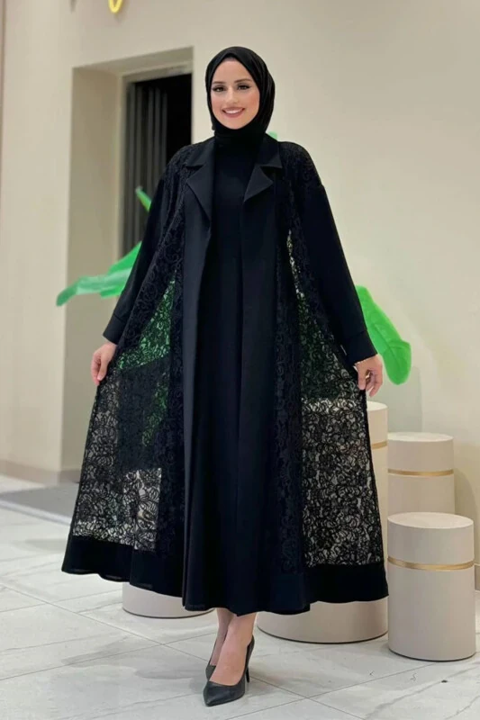 Yakalı Dantel Güpür Detay Abaya 7830 Siyah - Modazone