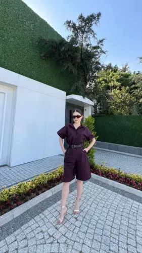Yakalı Gömlek Kemerli Şortlu Takım - Bordo - BÜYÜKBEDENIZ (1)