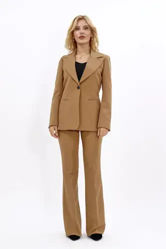 Erkek Yaka Tek Düğmeli Klasik Ceket & İspanyol Paça Pantolon-Camel-Camel - 4