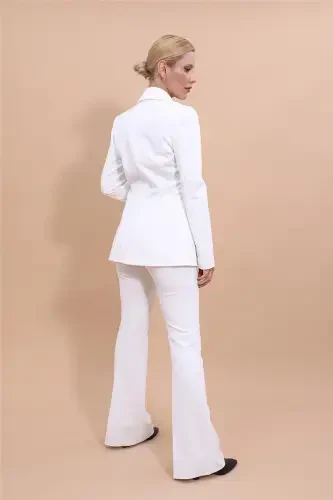Yakalı Klasik Ceket & İspanyol Paça Pantolon Takım-Ekru-Ekru - 3