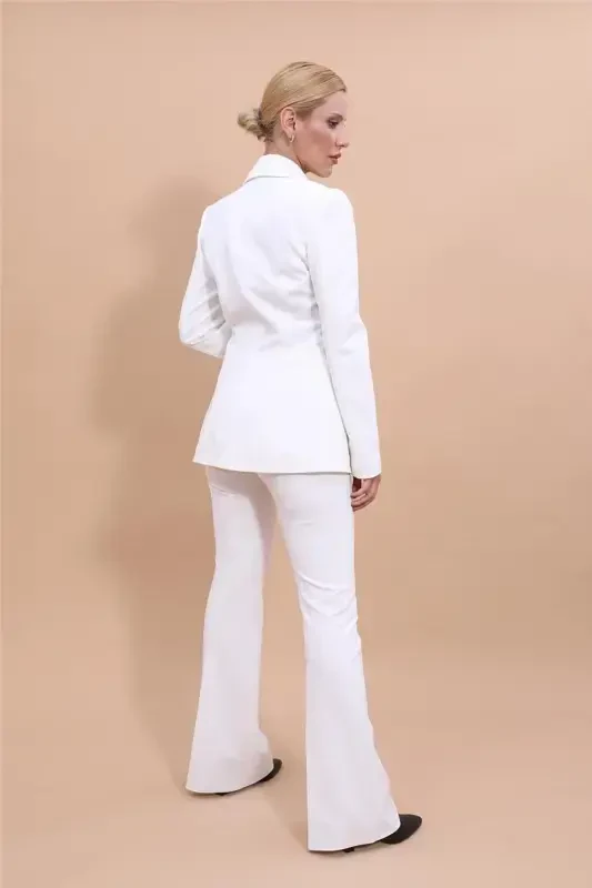 Yakalı Klasik Ceket & İspanyol Paça Pantolon Takım-Ekru-Ekru - 3